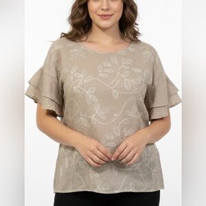 Valentina Naldi Made in Italy Blush Linen Embroidered Ruffle Sleeve Top Large